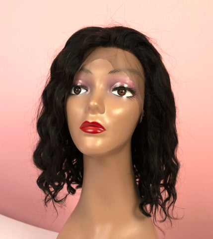12" Lace Front Virgin Human Hair Wig (Natural Black Wavy)