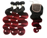 hair bundles closure ombre 1B-33 black to red burgundy